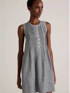 Quince Black & White Gingham 100% European Linen Sleeveless Button-Front Dress